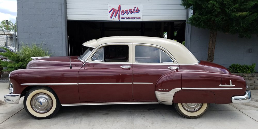 Image Of Classic Car Paked At Store Front